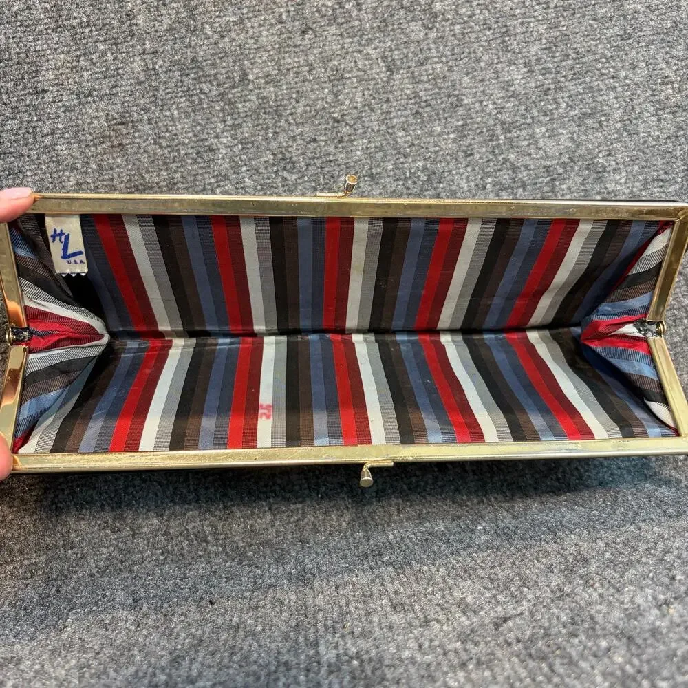 Vintage HL USA Black Patent Leather Clutch Purse Rainbow Striped Lining Kisslock